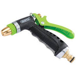 The Draper 3 Pattern Aluminium Spray Gun - GWSG-AJ by Draper is a black and green garden hose nozzle with a brass fitting and trigger handle, featuring an aluminium body and jet spray gun for precision watering.