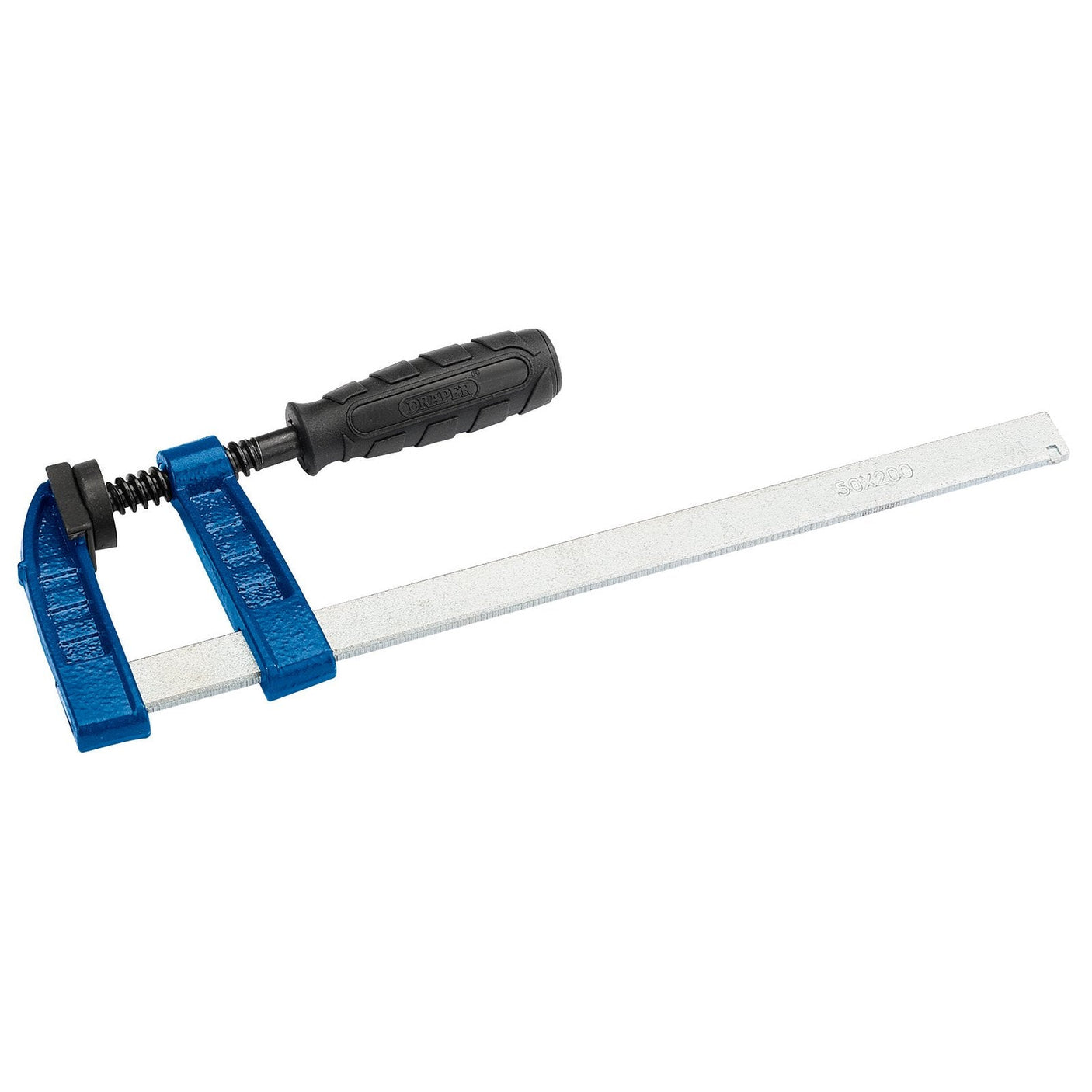 The Draper Quick Action Clamp, 200mm X 50mm - 728F, features a blue frame and black handle with malleable cast iron jaws, ideal for holding materials in place during woodworking or metalworking tasks.