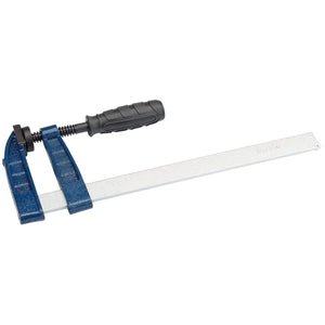 A Draper Quick Action Clamp, 250mm x 80mm - 728F, features a heavy-duty metal bar with a black handle, blue malleable cast iron jaws, and a plated carbon steel bar.