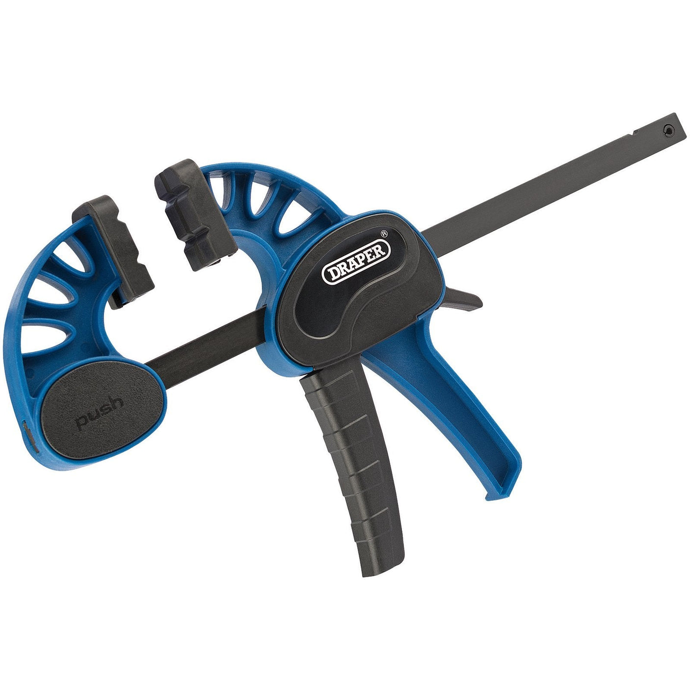 The Draper Dual Action Clamp, 150mm - RBSC by Draper is a versatile tool with a blue and black design. It features a long metal bar and ergonomic handles for comfort. The quick-release mechanism includes a ratchet action trigger, enabling easy adjustments.