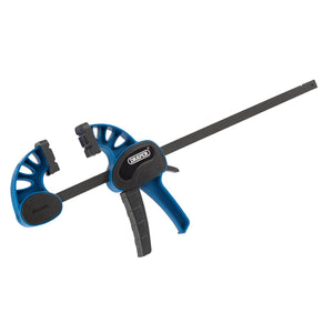 The Draper Dual Action Clamp, 300mm - RBSC, is a blue and black bar clamp featuring a ratchet action trigger mechanism with the Draper brand name printed on the handle. This single-handed versatile clamp also includes a quick-release button for added convenience.