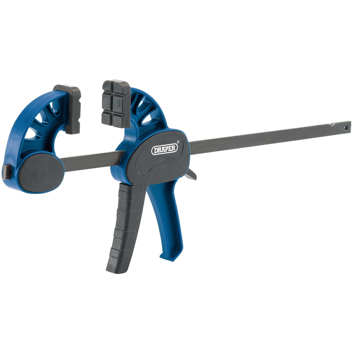 The Draper Dual Action Clamp, 450mm - RBSC by Draper is a blue and black versatile clamp featuring a ratchet action trigger and padded jaws, ideal for securely holding materials in place during woodworking or other projects.