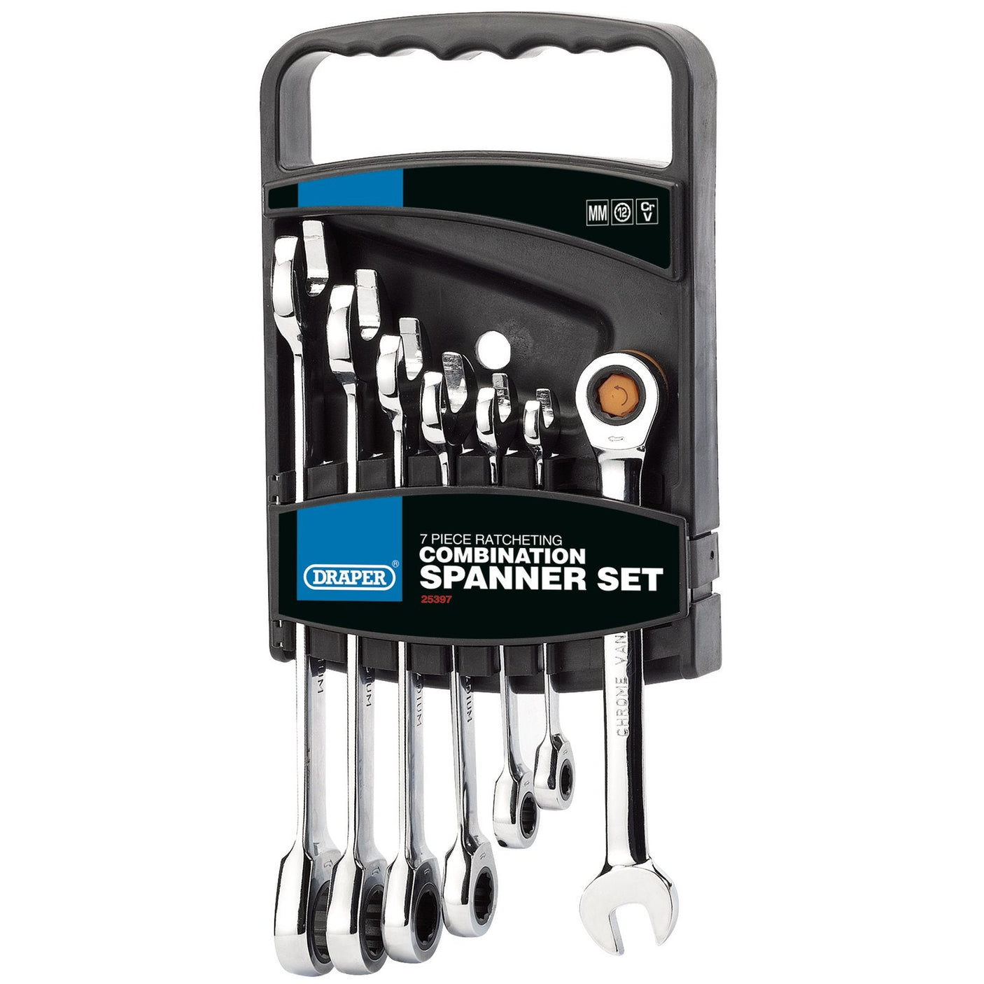 The Draper Hi-Torq® Metric Ratcheting Combination Spanner Set (7 Piece) - 8230MM/7 comes in a sleek black plastic holder. Constructed from durable chrome vanadium steel and branded with "Draper," this set includes spanners in various metric sizes. Each spanner is equipped with a HI-TORQ ring and a 72-teeth ratcheting mechanism, ensuring precision in your work.