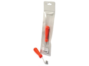 A metal tool with a red handle next to its packaging. The packaging, marked with Sparex S.25402, is a clear plastic bag with a hang tab and contains the TYRE TUBE PATCH ROLLER A'PAK from Sparex.