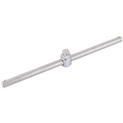 The Draper Elora Sliding 'T' Bar, 1/2" Sq. Dr., 300mm - 770-L3, is a silver breaker bar tool crafted from durable chrome vanadium steel and features a pivoting joint in the center. It is specifically designed to loosen tight fasteners and meets the DIN 3122 standard for reliability and corrosion protection.