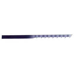 The Draper Plain End Fretsaw Blade (Model No.0, 127mm, 25Tpi - FSB1) is a thin blade made of metal with evenly spaced, hardened steel teeth along one edge.