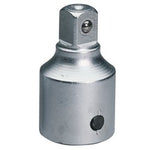 The Draper Elora Socket Converter, 3/4"(F) X 1/2"(M) - 770-S9 by Draper is a silver socket adapter crafted from chrome vanadium steel, featuring a square drive end and a round end with a retention ball for secure connections.