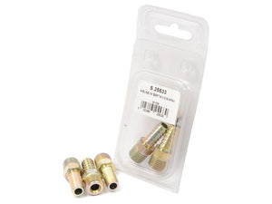 Plastic packaging labeled "S.25533" contains three brass Hose Tail 5/16'' ID Hose to Male Thread 1/4'' BSPT fittings under the Sparex brand, with an additional two similar fittings made of a blend of brass and steel arranged outside the packaging for enhanced durability.