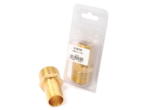 Two brass hose tail fittings, one packaged in clear plastic with a barcode and label from Agripak under the name HOSE TAIL-1'' A'PAK (Sparex Part Number: S.25709), and one that is unpackaged.