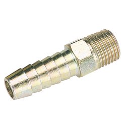 Introducing the **Draper 1/4" BSP Taper 3/8" Bore PCL Male Screw Tailpiece (Sold Loose) - A1217 BULK**: a high-quality metallic hose barb adapter featuring a 1/4" BSP taper threaded end and a multi-barbed hose connector for secure attachment.