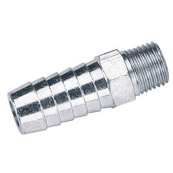 The Draper 1/4" BSP Taper 1/2" Bore PCL Male Screw Tailpiece (Sold Loose) - A2479 BULK is a silver metal hose barb fitting with a series of ridges for gripping a hose and a 1/4" BSP taper threaded end, sold loose.