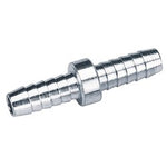 The Draper 3/8" Bore Pcl Double Ended Air Hose Connector (Sold Loose) – A2985 BULK is a metallic, cylindrical barbed fitting with a central hexagonal nut and tapered ends.