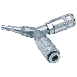 The Draper Pcl Twin Standard Coupling, sold loose, features a durable design with two interlocking male couplings and one tailpiece to enhance efficiency in pneumatic hose airflow.