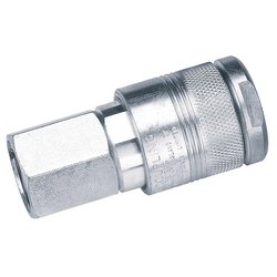 The Draper 1/2" Taper PCL M100 Series Air Line Coupling Female Thread (Sold Loose) - A5JF02 BULK is a metallic hydraulic quick-connect coupler featuring knurled grips and hexagonal threading, designed to meet high airflow demands.