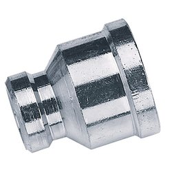 The Draper 1/2" Female to 1/4" BSP Female Parallel Reducing Union (Sold Loose) - A6893 BULK is a silver, cylindrical metal adapter with a wide base, narrow middle, and broad upper section designed to prevent loose fittings and accommodate BSP parallel connections.