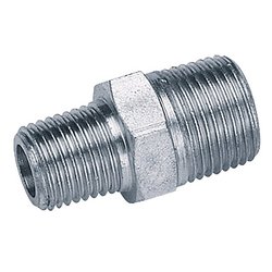 The Draper 3/8" Male to 1/4" BSP Male Taper Reducing Union (Sold Loose) - A6899 BULK is a metal pipe fitting that features threaded ends, a hexagonal section in the middle, and BSP parallel threads.