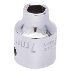 A 7mm Draper Elora Bi-Hexagon Socket, 3/8" Sq. Dr., designed with corrosion protection and engraved specifications from the renowned Draper brand.