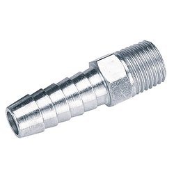 The Draper 1/4" Taper 3/8" Bore Pcl Male Screw Tailpieces (5 Piece) - A1217 PACKED is a set of metallic hose barb adapters featuring a BSP taper with threading on one end and a series of ridged tailpieces on the other, perfect for securing a hose with precision.