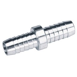 The Draper 1/2" Pcl Double Ended Air Hose Connectors (Pack Of 3) - A2986 PACKED is a display-packed, metallic barbed hose connector fitting featuring a hexagonal center section and ridged ends for attaching two hoses together.