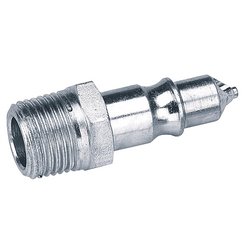 The Draper 1/2" Male Thread Air Line Screw Adaptor Connectors (Pack Of 2) - A3035 PACKED is a metallic air tool quick-connect fitting featuring a BSP taper with a male thread on the left side and a smooth connector on the right.