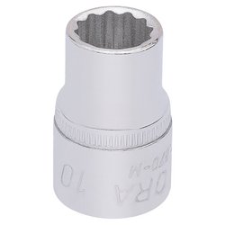 The Draper Elora Bi-Hexagon Socket, 3/8" Sq. Dr., 10mm - 870-M 10 features a shiny, silver finish and is made from durable chrome vanadium steel with engraved markings on its side, offering excellent corrosion protection.