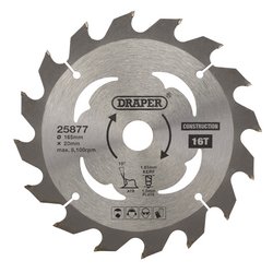 Introducing the Draper Tct Cordless Construction Circular Saw Blade For Wood & Composites, 165 X 20mm, 16T - SBC1 by Draper. This blade features 16 precision-ground carbide teeth with a 165mm diameter and a 20mm bore. Its maximum speed of 6,100 RPM makes it perfect for cutting both softwood and hardwood.