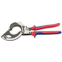 The Draper Knipex 95 32 320 Ratchet Action Cable Cutter, measuring 320mm, is a professional-quality tool with distinctive red and blue handles, specifically designed for cutting thick cables. It features hardened and tempered blades to ensure long-lasting durability.