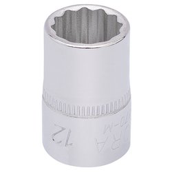 The Draper Elora Bi-Hexagon Socket, 3/8" Sq. Dr., 12mm - 870-M 12 features a twelve-point design and is constructed from chrome vanadium steel for enhanced durability, with the number 12 etched on its side and corrosion protection for long-lasting use.