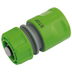 Draper Garden Hose Connector With Water Stop Feature, 1/2" – GWPPHC2, is a green plastic connector featuring a "STOP" label and a threading mechanism for attachment to taps or sprinklers.