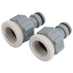 Two Draper Tap Connectors, 1/2" and 3/4", gray plastic with white threaded attachments for securing hoses to taps or sprinklers (Pack of 2).