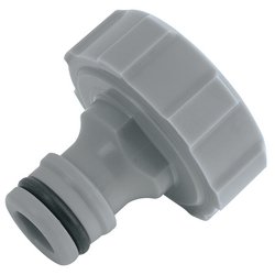 The Draper Tap Connector, 1" - GWPPTC-1, is a grey plastic garden hose connector featuring a threaded end and a sealing O-ring, making it ideal for attaching to sprinklers.