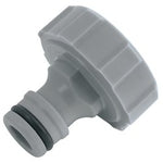 The Draper Tap Connector, 1" - GWPPTC-1, is a grey plastic garden hose connector featuring a threaded end and a sealing O-ring, making it ideal for attaching to sprinklers.