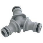 The Draper 3-Way Hose Connector - GWPPHC-3 is a gray plastic, Y-shaped garden hose connector featuring three openings, each with black O-ring seals.