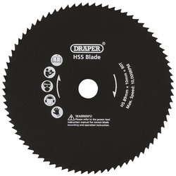 Image of a Draper 89mm Metal Cut Blade For Draper Storm Force® Mini Plunge Saw - YMPS600SF with various icons indicating safety instructions, such as wearing eye and hand protection. The blade specifications include a 10mm bore and a maximum speed of 10,000 RPM.