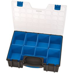 The Draper 8 Compartment Organiser - QC8D features an open design with eight blue storage compartments separated by black borders, and comes with a clear lid secured by blue latches.