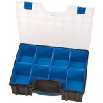 The Draper 8 Compartment Organiser - QC8D features an open design with eight blue storage compartments separated by black borders, and comes with a clear lid secured by blue latches.