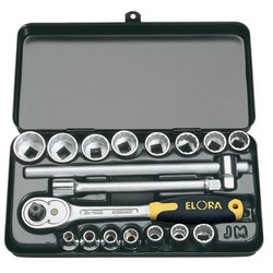 A Draper Elora Metric Socket Set, 3/8" Sq. Dr. (18 Piece) - 870-JMU, comes in a black case and includes a socket wrench set with various hexagon sockets and accessories. The reversible ratchet is made of chrome vanadium steel and labeled "Draper.