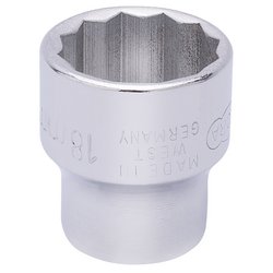 The Draper Elora Bi-Hexagon Socket, 3/8" Sq. Dr., 18mm - 870-M 18, crafted from robust chrome vanadium steel, features "18" engraved on the side to indicate its size clearly. Conforming to DIN 3124/ISO 2725 standards, this tool ensures excellent corrosion protection for durability and reliability.