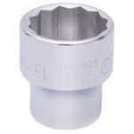 The Draper Elora Bi-Hexagon Socket, 3/8" Sq. Dr., 18mm - 870-M 18, crafted from robust chrome vanadium steel, features "18" engraved on the side to indicate its size clearly. Conforming to DIN 3124/ISO 2725 standards, this tool ensures excellent corrosion protection for durability and reliability.