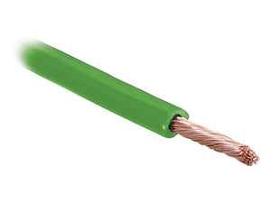 Close-up of a green Sparex Electrical Cable - 1 Core, 1.5mm² insulated electrical wire (Length: 10m), with exposed twisted copper strands at the end, available under Sparex Part Number: S.25957.