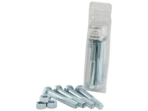 Pack of Sparex Metric Bolts, M16x100mm (DIN 931, DIN 934) - 5 pcs. Agripak, with some laid out in front and additional ones in a transparent plastic pouch. These zinc-plated metric coarse fasteners ensure durability and reliability for various applications. Sparex Part Number: S.25982