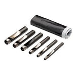 A set of six Draper Hollow Punch pieces from the HP6 series, neatly arranged in a row next to a rolled-up black tool roll.