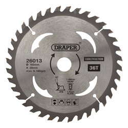 The Draper Tct Cordless Construction Circular Saw Blade For Wood & Composites, SBC3, features 36 precision-ground carbide teeth and is designed for a 165mm diameter with a 20mm bore. It operates at a maximum speed of up to 8,100 RPM and is suitable for cutting both hardwood and softwood. Safety precautions and usage guidelines are indicated by symbols on the blade.