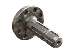 The PTO Output Shaft (Sparex Part Number: S.260323) from Sparex is a metallic machined component with a flange featuring multiple holes and an elongated notched spline shaft.