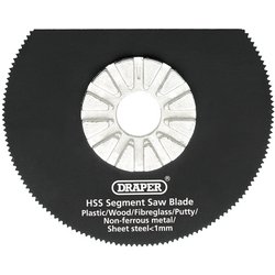 Discover the Draper HSS Segment Saw Blade, compatible with Draper oscillating tools. This 63mm diameter blade (Stock No. 23666) features an 18Tpi design and is expertly crafted for cutting plastic, wood, fiberglass, putty, non-ferrous metal, and sheet steel less than 1mm. The APT300A/U model ensures universal compatibility.

