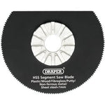 Discover the Draper HSS Segment Saw Blade, compatible with Draper oscillating tools. This 63mm diameter blade (Stock No. 23666) features an 18Tpi design and is expertly crafted for cutting plastic, wood, fiberglass, putty, non-ferrous metal, and sheet steel less than 1mm. The APT300A/U model ensures universal compatibility.

