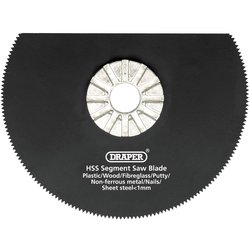 The Draper HSS Segment Saw Blade, 88mm Diameter, 18Tpi - APT300B/U, compatible with universal mount accessories, is suitable for cutting a variety of materials including plastic, wood, fiberglass, putty, non-ferrous metal, nails, and sheet steel. Stock No. 23666 pairs seamlessly with your Draper oscillating tool for versatile performance.