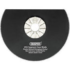 The Draper HSS Segment Saw Blade, 88mm Diameter, 18Tpi - APT300B/U, compatible with universal mount accessories, is suitable for cutting a variety of materials including plastic, wood, fiberglass, putty, non-ferrous metal, nails, and sheet steel. Stock No. 23666 pairs seamlessly with your Draper oscillating tool for versatile performance.