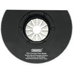 Close-up view of the Draper HSS Circular Saw Blade (85mm Diameter x 1mm, 18 TPI - APT300E/U) compatible with the Draper oscillating tool. Stock No. 23666, it's suitable for cutting plastic, wood, fiberglass, putty, non-ferrous metals, nails, aluminum, and sheet steel with universal mount accessories for versatile use.