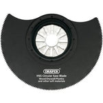 The Draper HSS Circular Saw Blade, 85mm Diameter x 0.6mm, 18 TPI - APT300F/U (Stock No. 23666), is designed for cutting wood, drywall, plastics, and other soft materials. It features a black semicircular design with a metal central mounting hole that is compatible with universal mount accessories for your Draper oscillating tool.